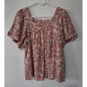 Ecothreads Womens Medium Linen Blend Floral Top Puff Sleeve Square Neck Peasant